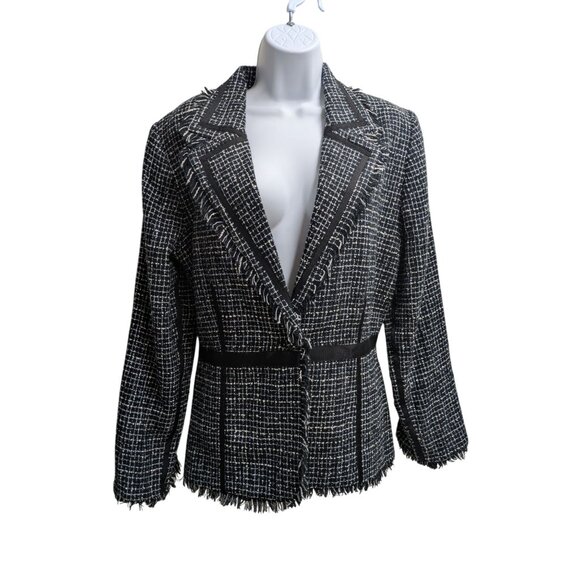 Bisou Bisou Michelle Bohbot Black and White Tweed fringe blazer jacket Size 16 - Picture 1 of 8